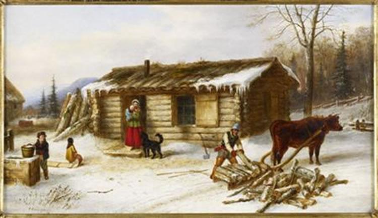 Cornelius Krieghoff Chopping Logs Outside a Snow Covered Log Cabin oil painting image